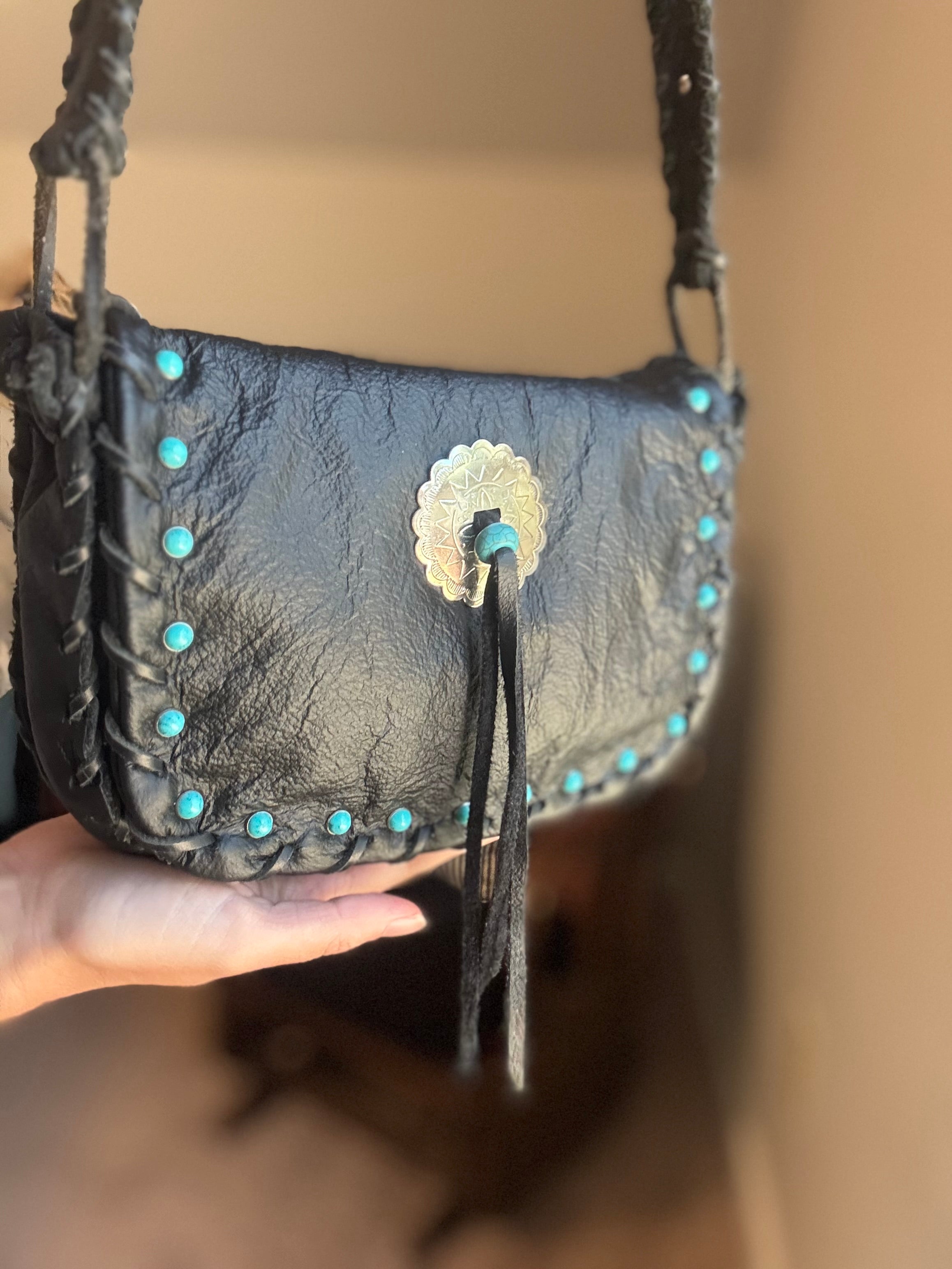 Black Leather, Western Style Cross Body with Turquoise Accents