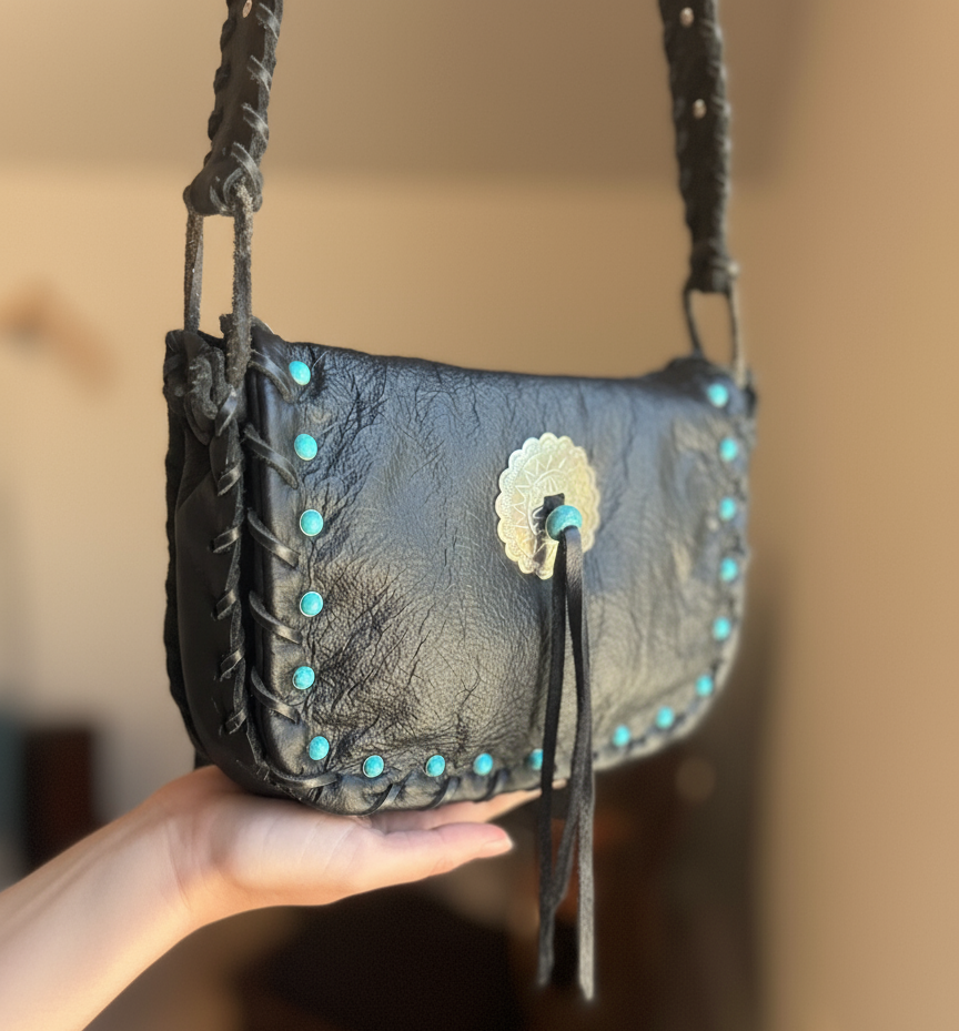 Black Leather, Western Style Cross Body with Turquoise Accents