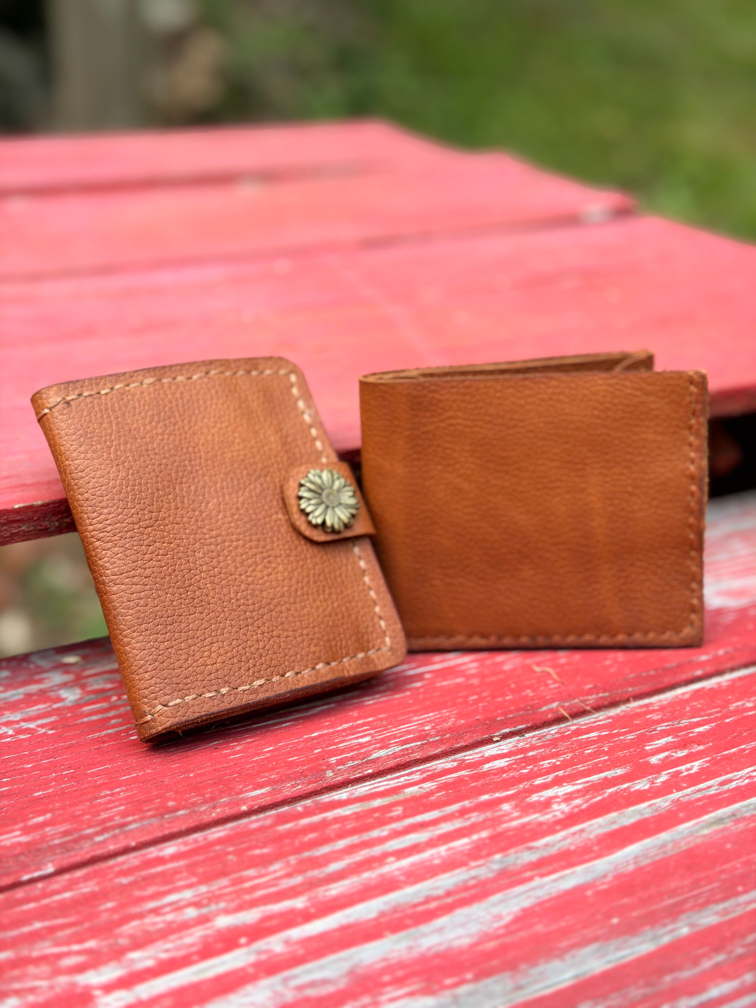 Genuine Leather Wallet with Gold Sunflower Clasp