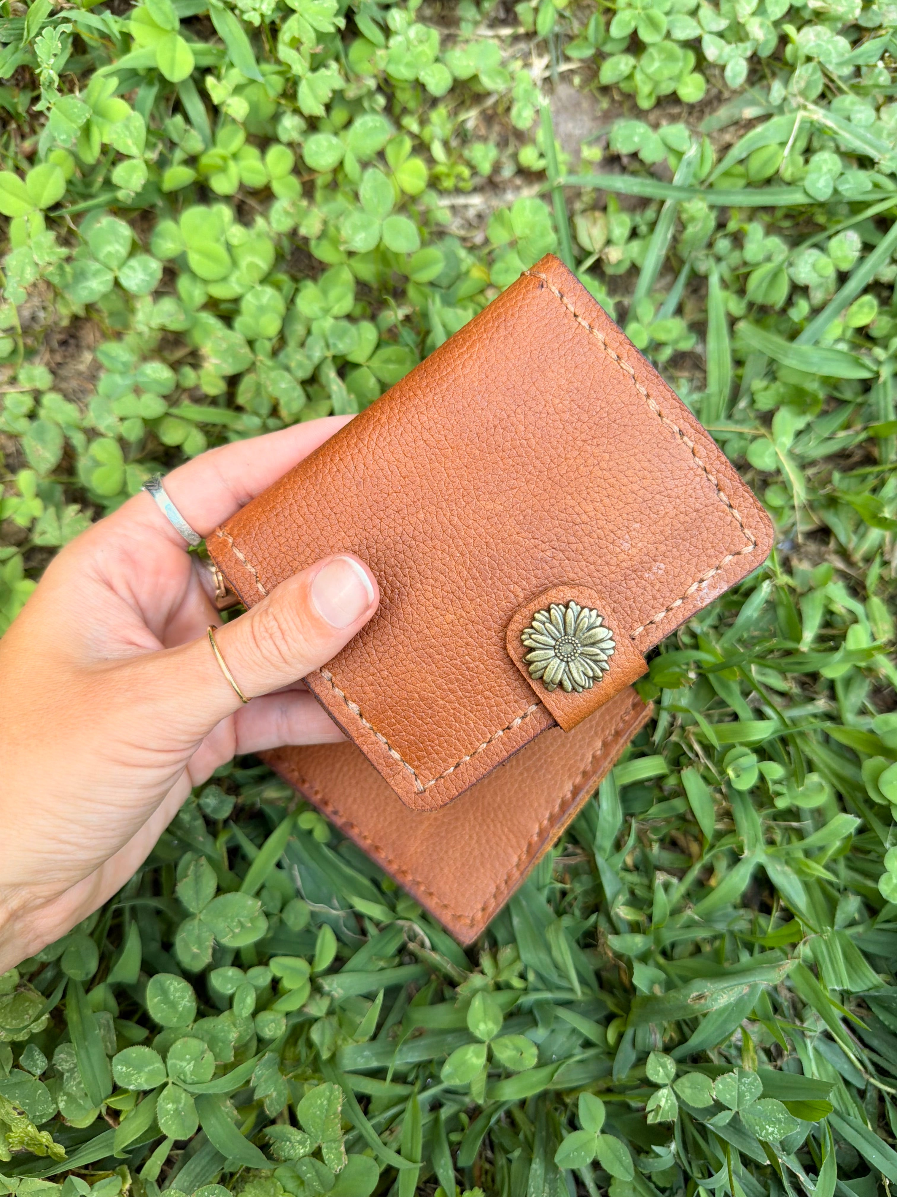 Genuine Leather Wallet with Gold Sunflower Clasp