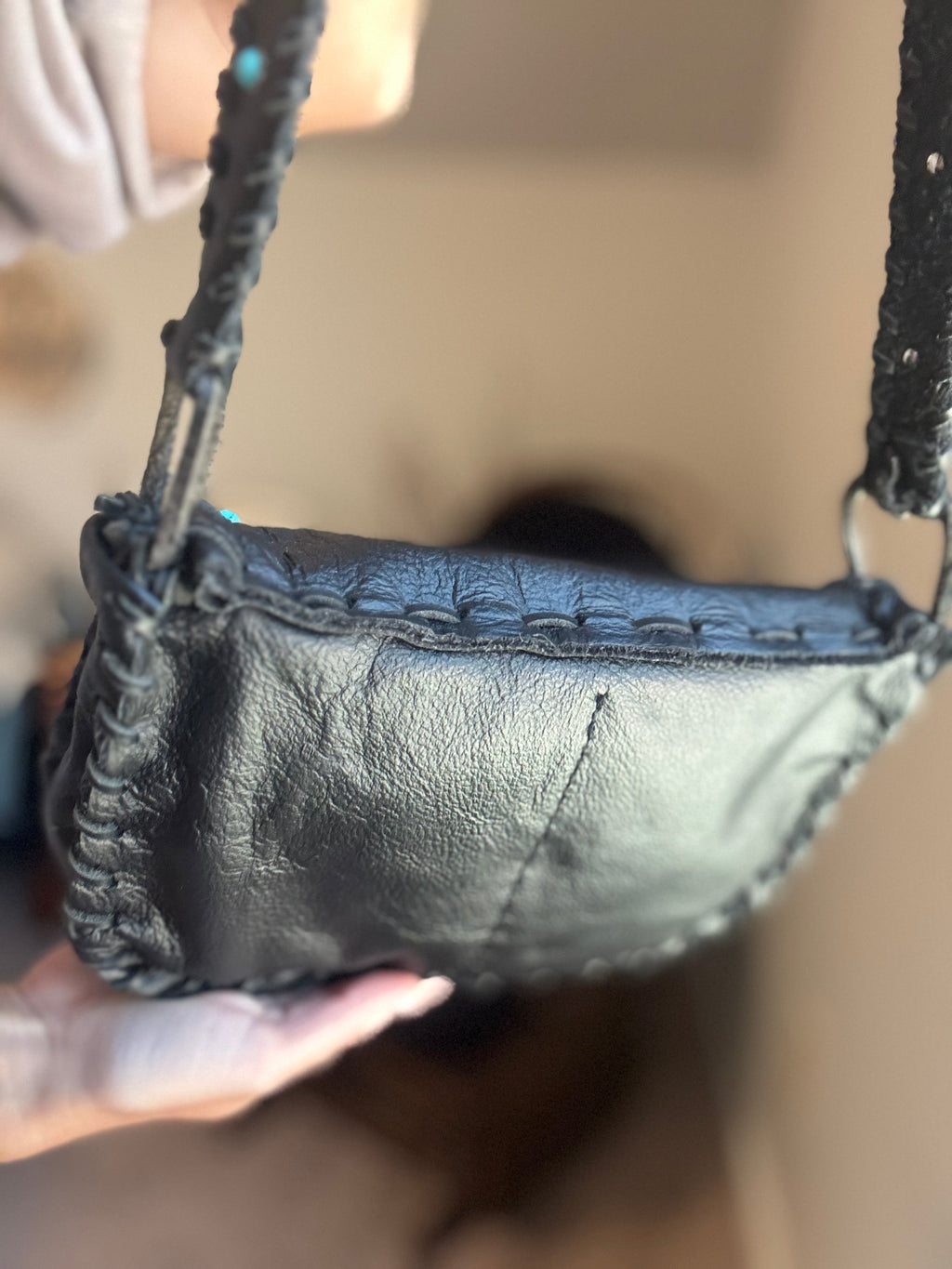 Black Leather, Western Style Cross Body with Turquoise Accents