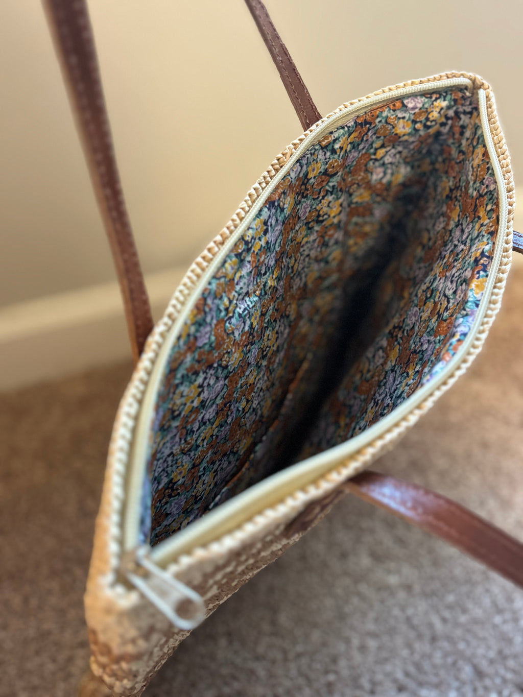 Raffia Hand Sewn Over the Shoulder Bag with Leather Straps