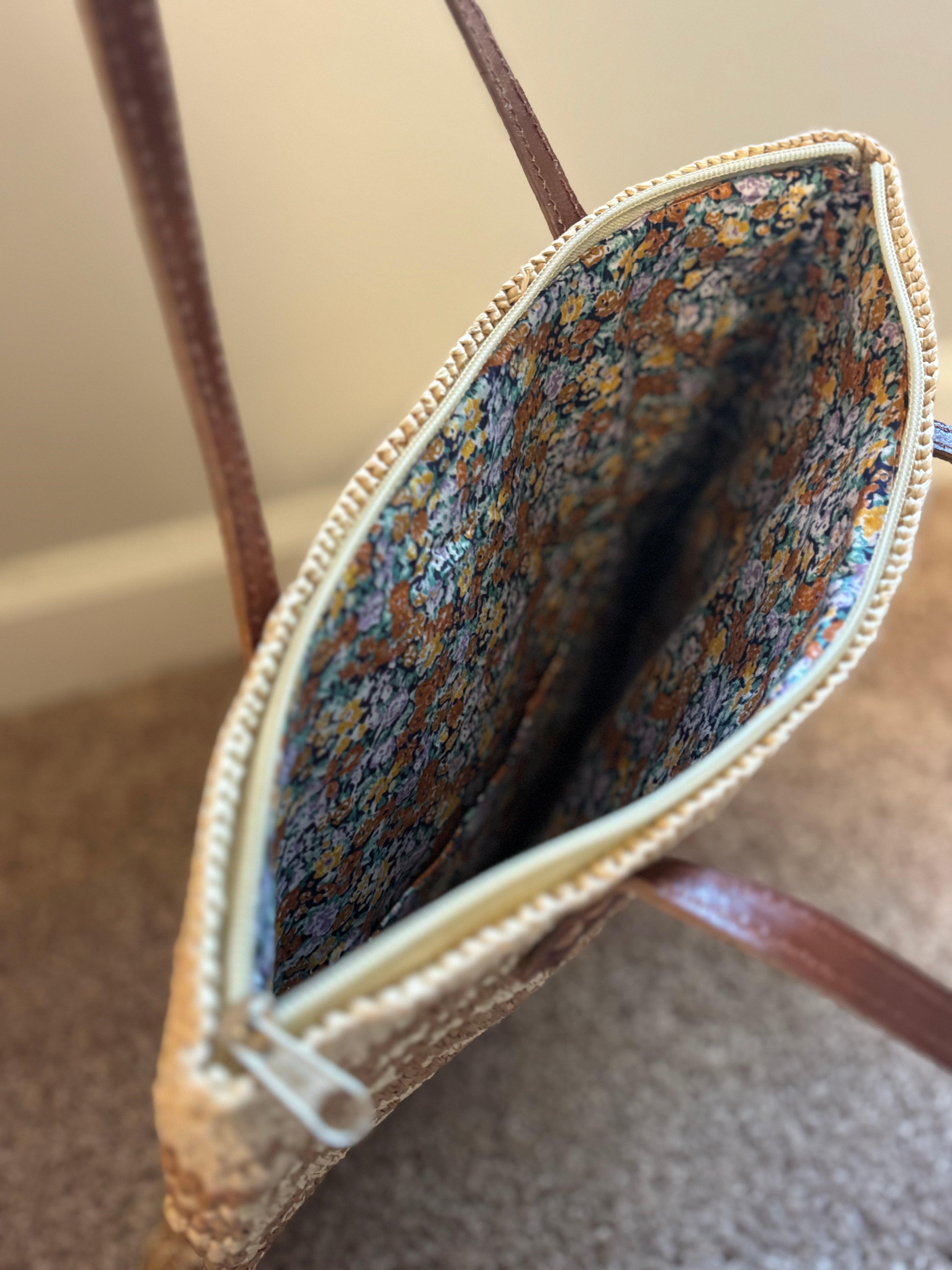 Raffia Hand Sewn Over the Shoulder Bag with Leather Straps