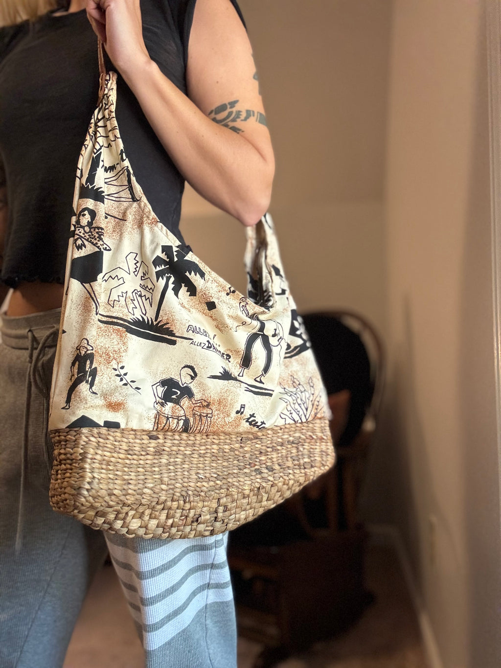 Large Raffia Raw Color Base with Madagascar Print Over The  Shoulder