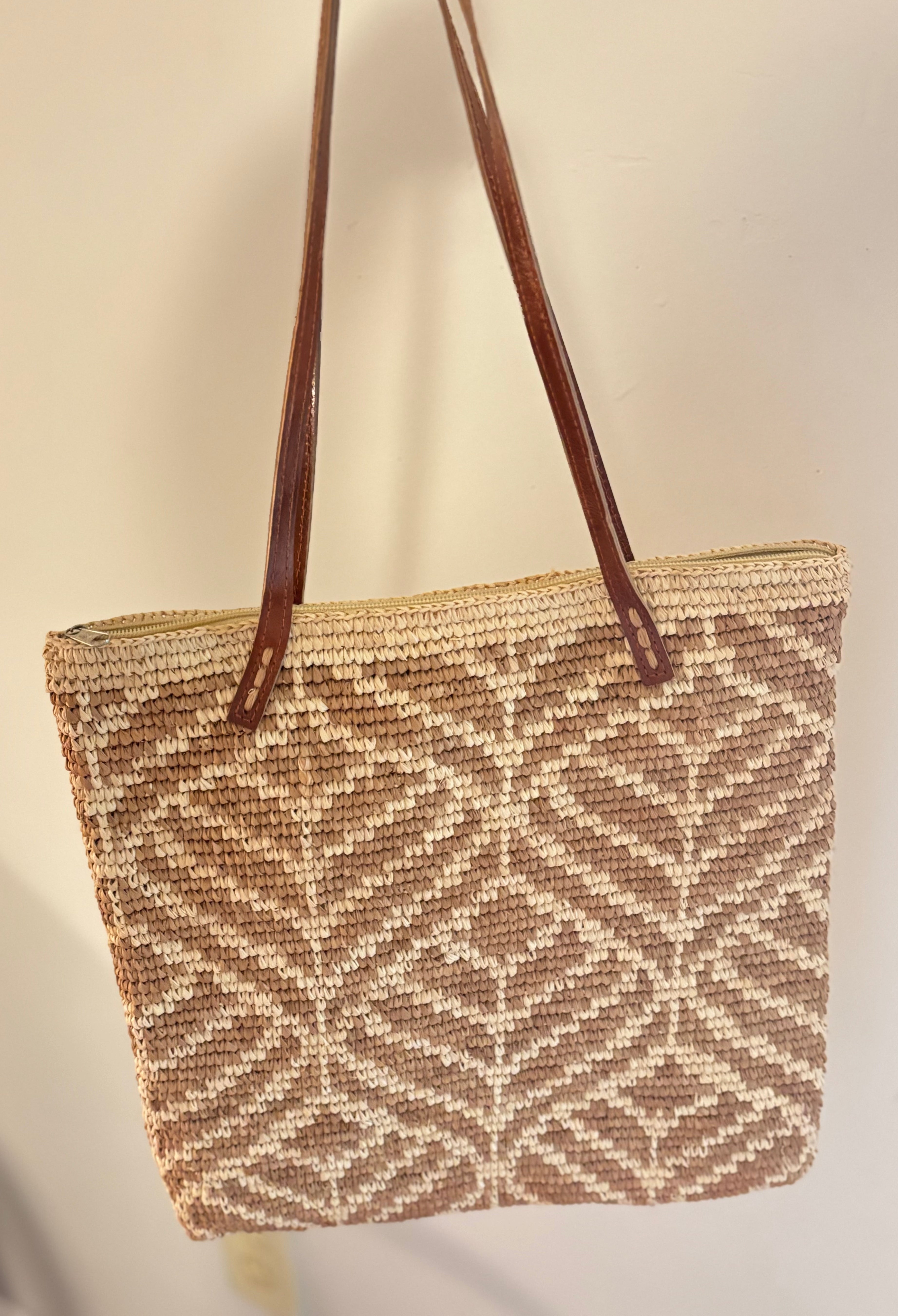 Raffia Hand Sewn Over the Shoulder Bag with Leather Straps
