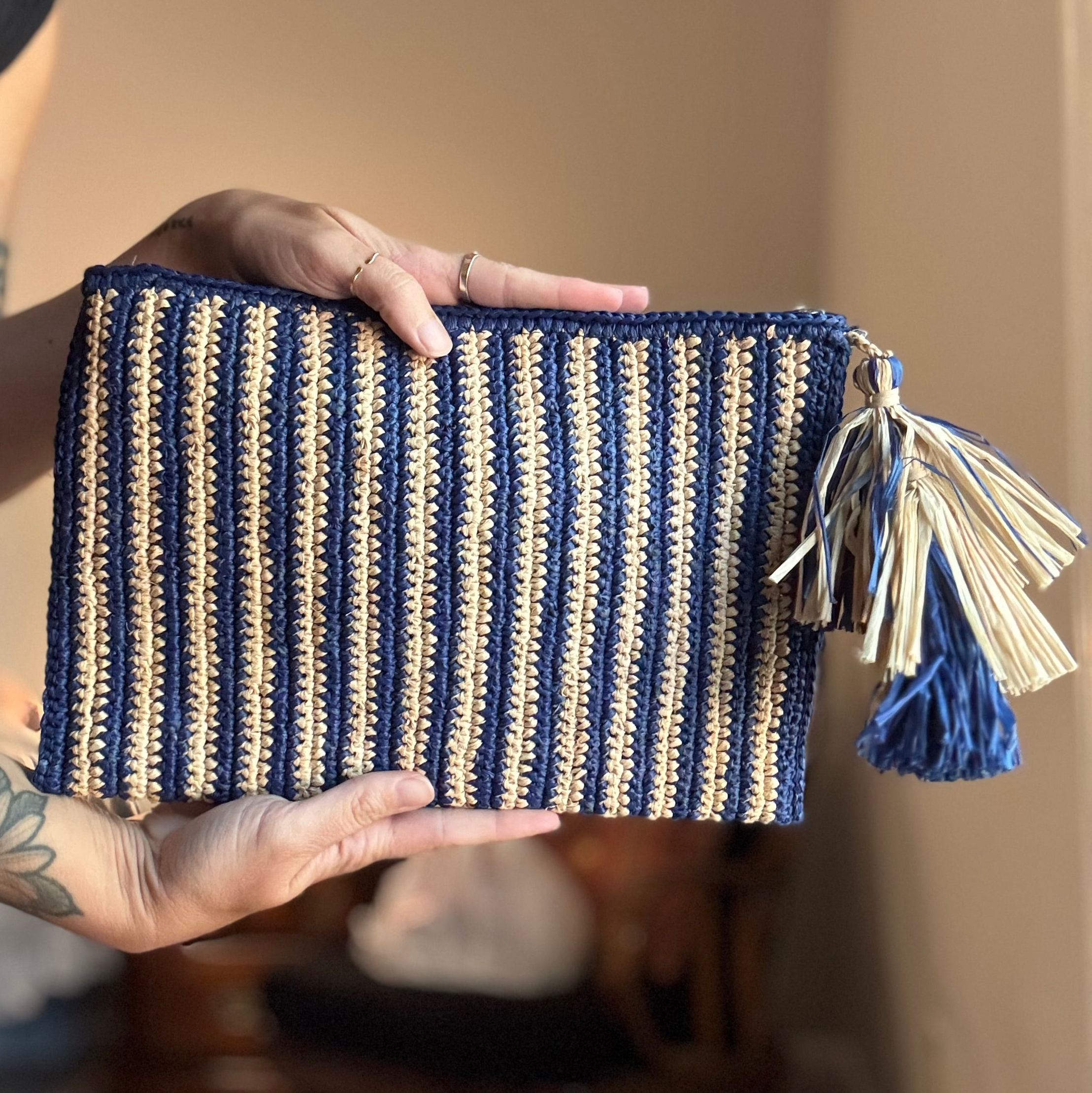 Raw and Blue Raffia Zipper Clutch with Cute Accent Piece