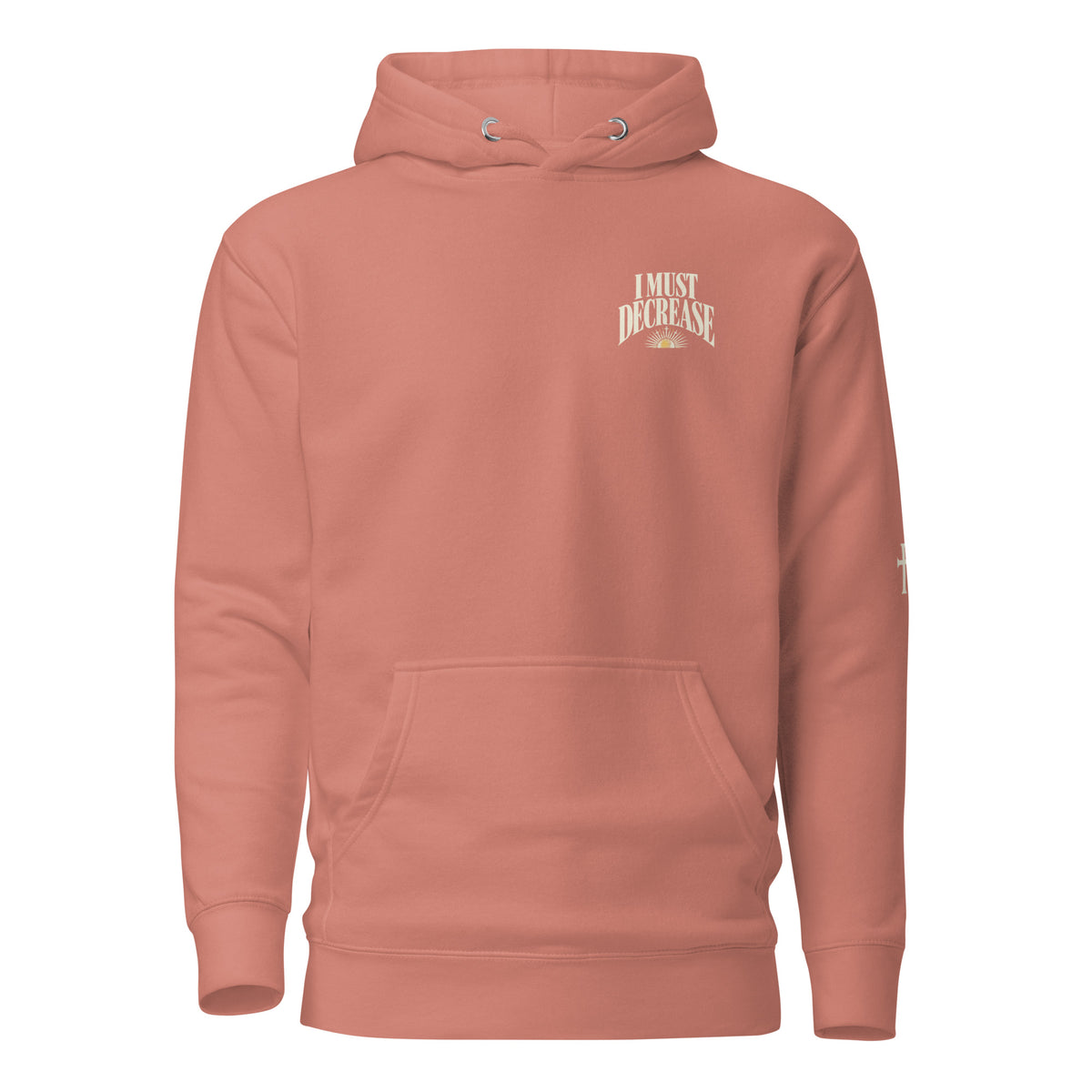 Dusty Rose John 3:30 faith apparel hoodie, front view
