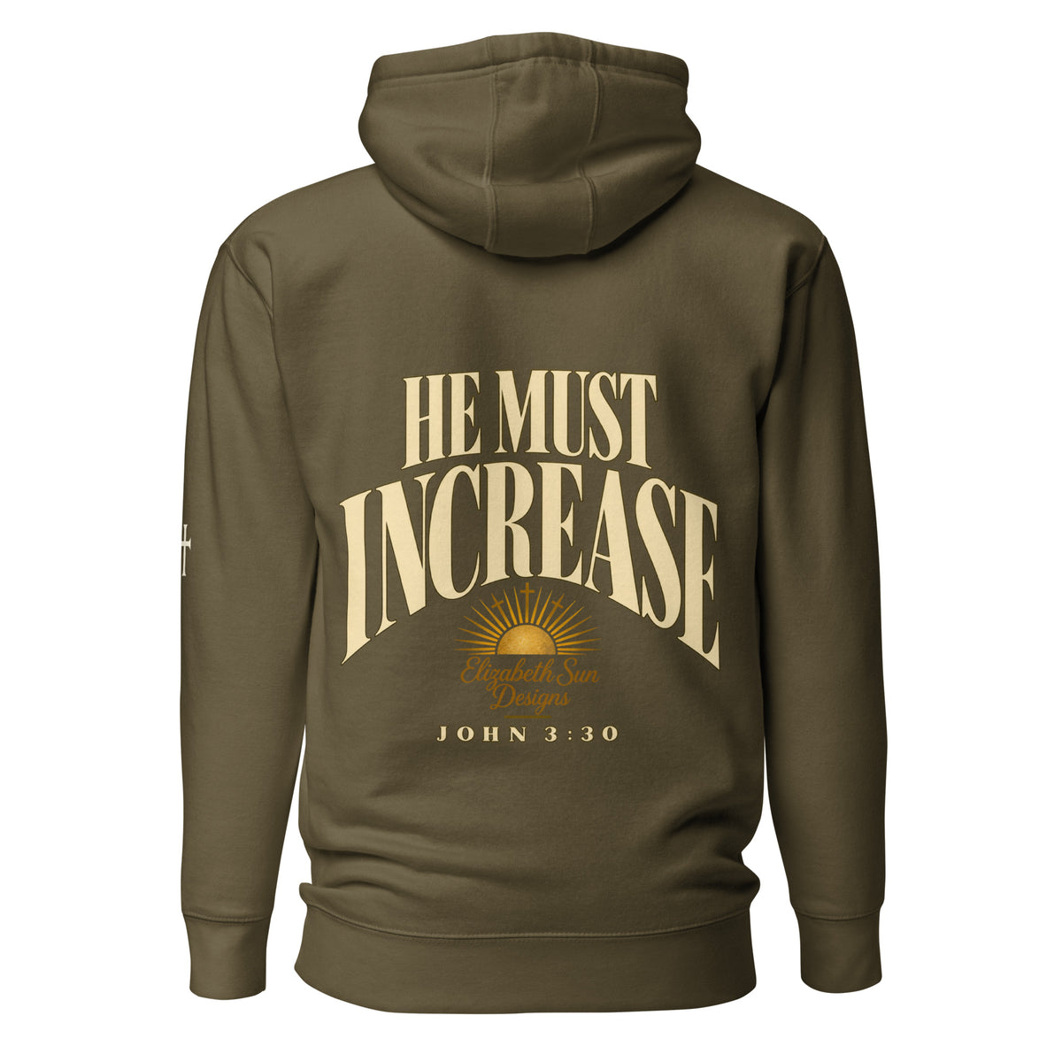 Military Green John 3:30 faith apparel hoodie, back view