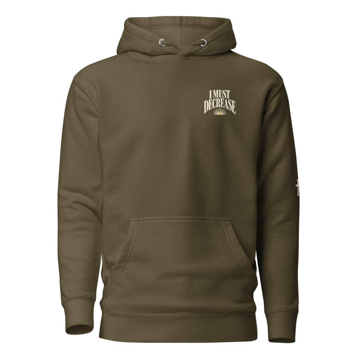 Military Green John 3:30 faith apparel hoodie, front view