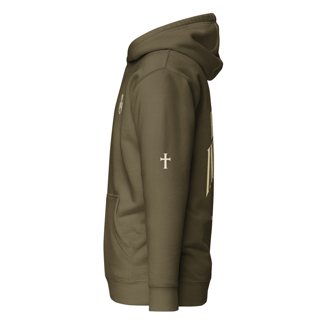 Military Green John 3:30 faith apparel hoodie, left side view